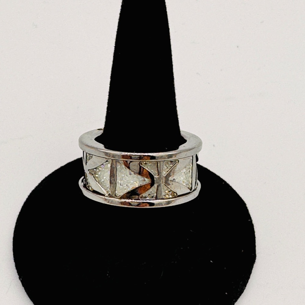 Vintage Silver Tone Opal Inlay Cut Out Ring IKK‎ Mark Size 6.5